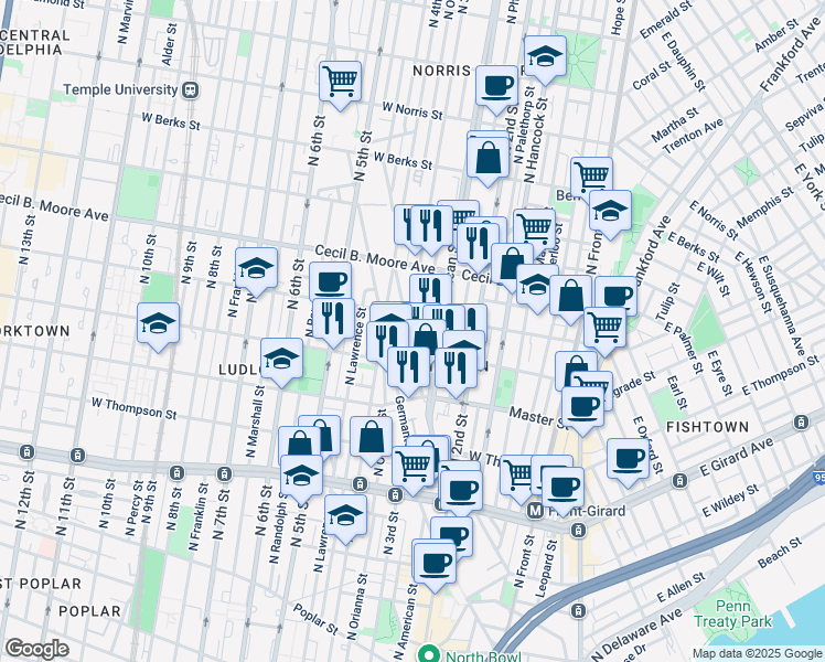 map of restaurants, bars, coffee shops, grocery stores, and more near 1531 North Cadwallader Street in Philadelphia