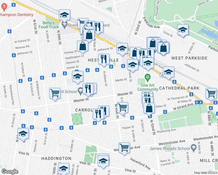 map of restaurants, bars, coffee shops, grocery stores, and more near 1438 North Vogdes Street in Philadelphia