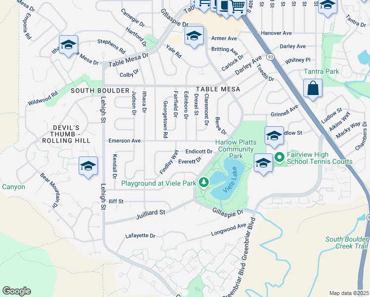 map of restaurants, bars, coffee shops, grocery stores, and more near 3395 Endicott Drive in Boulder