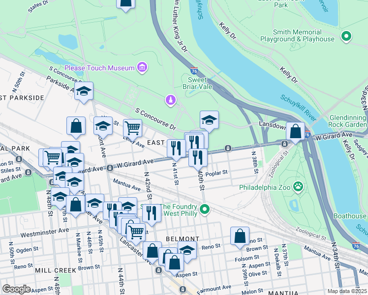 map of restaurants, bars, coffee shops, grocery stores, and more near 4040 Parkside Avenue in Philadelphia