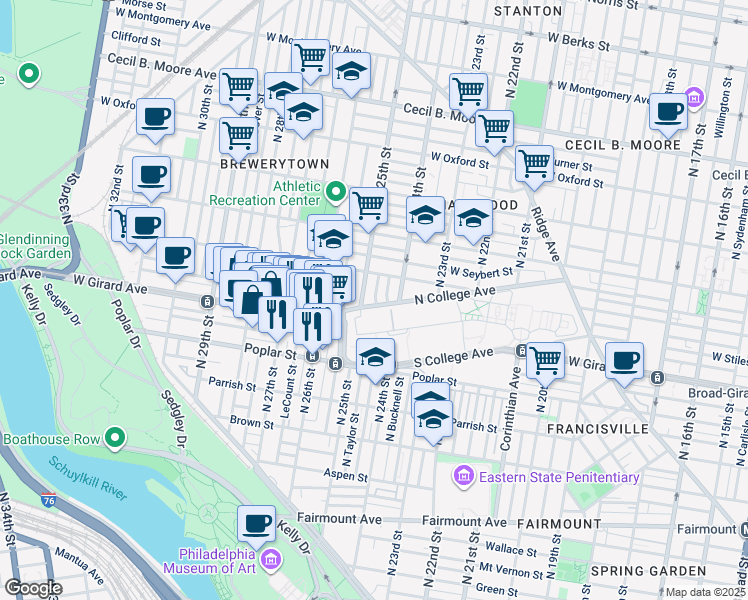 map of restaurants, bars, coffee shops, grocery stores, and more near 2425 North College Avenue in Philadelphia