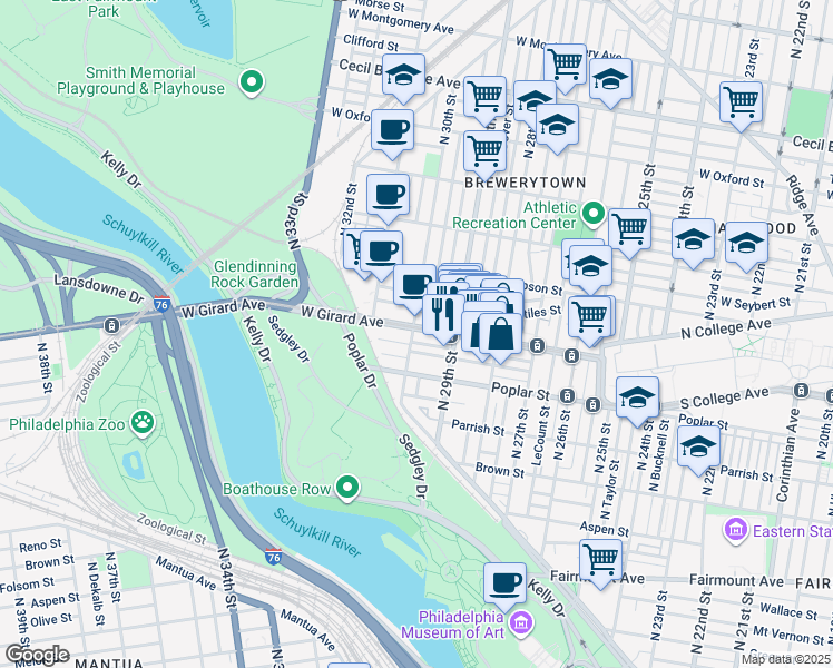 map of restaurants, bars, coffee shops, grocery stores, and more near 2946 West Girard Avenue in Philadelphia