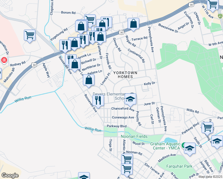 map of restaurants, bars, coffee shops, grocery stores, and more near 828 Gunnison Road in York