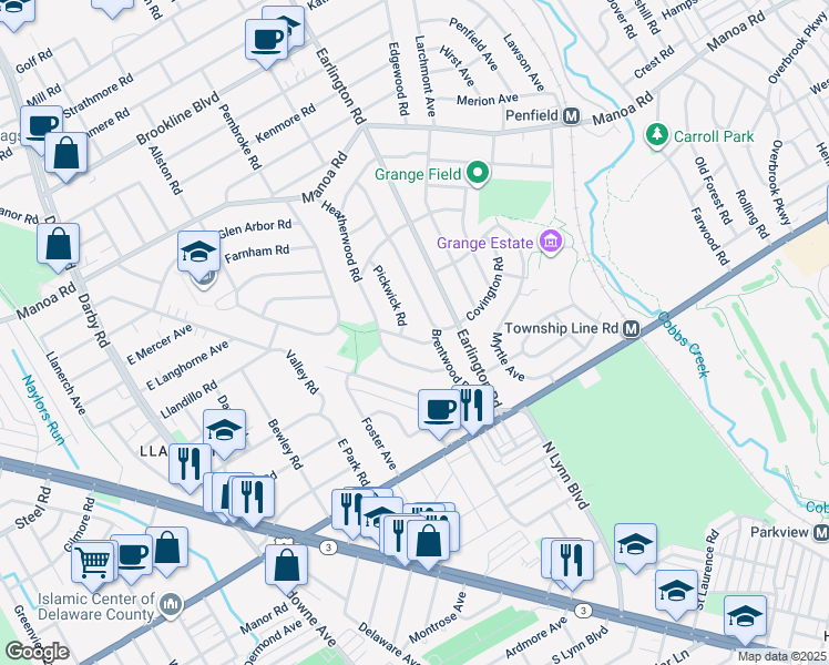map of restaurants, bars, coffee shops, grocery stores, and more near 406 Covington Road in Havertown