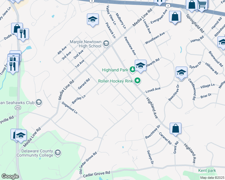 map of restaurants, bars, coffee shops, grocery stores, and more near 2876 Old Cedar Grove Road in Broomall