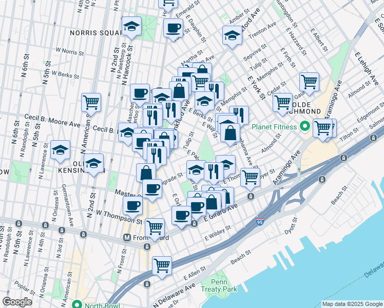 map of restaurants, bars, coffee shops, grocery stores, and more near Memphis Street & East Palmer Street in Philadelphia