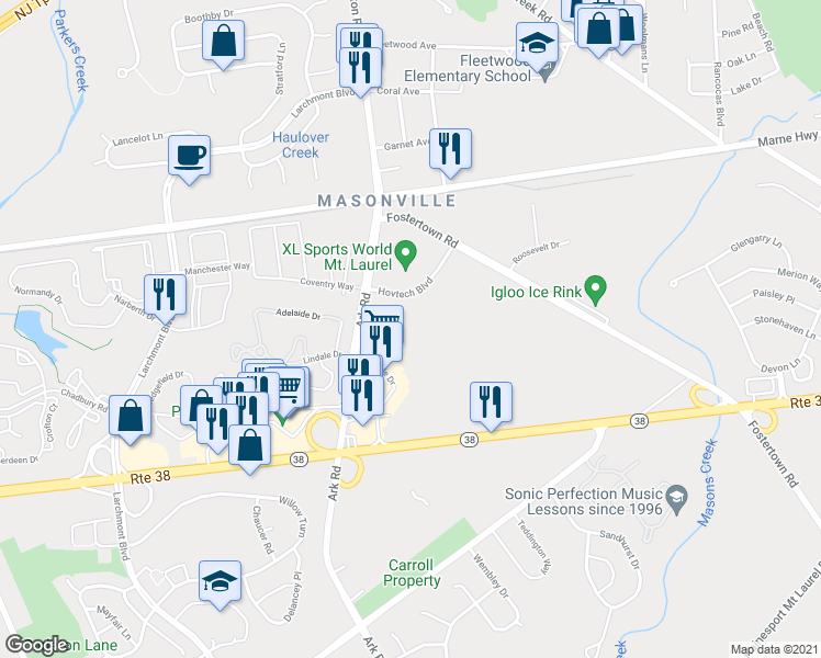 map of restaurants, bars, coffee shops, grocery stores, and more near 121 Ark Rd in Mt Laurel