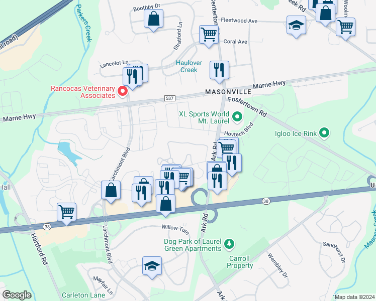 map of restaurants, bars, coffee shops, grocery stores, and more near 4706B Adelaide Drive in Mount Laurel Township