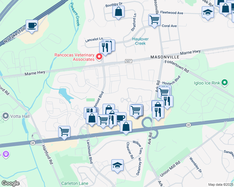 map of restaurants, bars, coffee shops, grocery stores, and more near 906B Saxony Drive in Mount Laurel Township