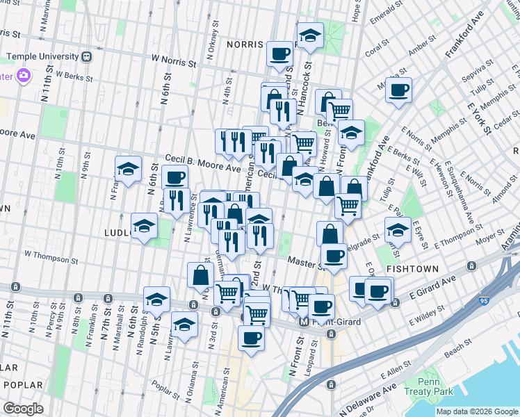 map of restaurants, bars, coffee shops, grocery stores, and more near 1619 North American Street in Philadelphia
