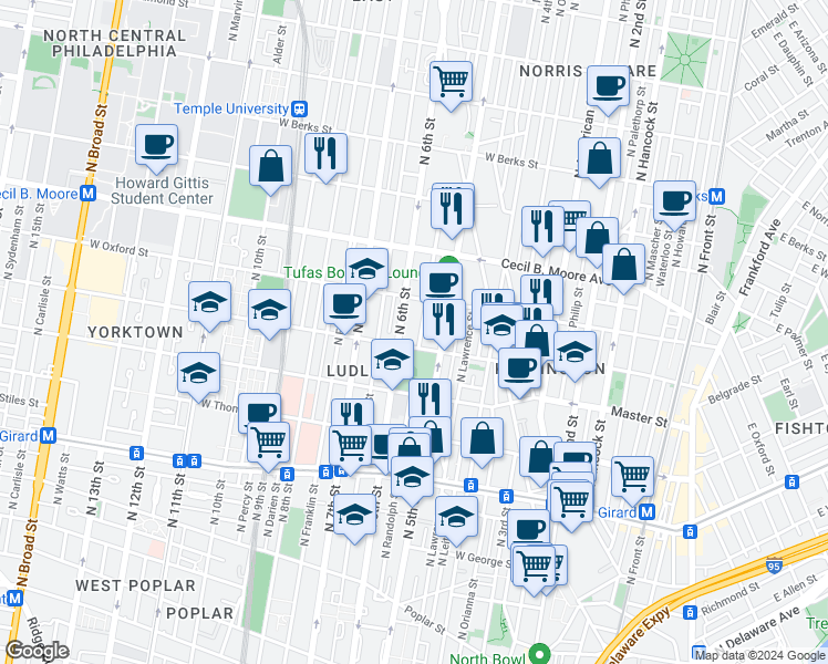 map of restaurants, bars, coffee shops, grocery stores, and more near 1602 North Randolph Street in Philadelphia