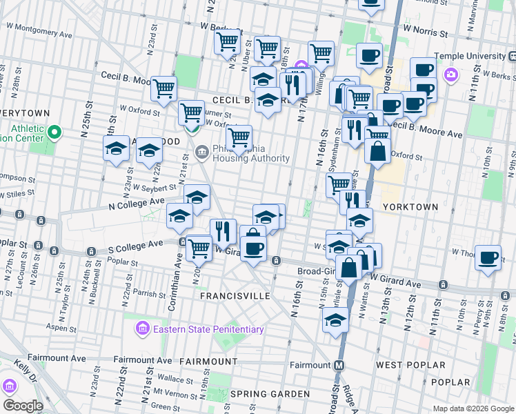 map of restaurants, bars, coffee shops, grocery stores, and more near 1730 Master Street in Philadelphia