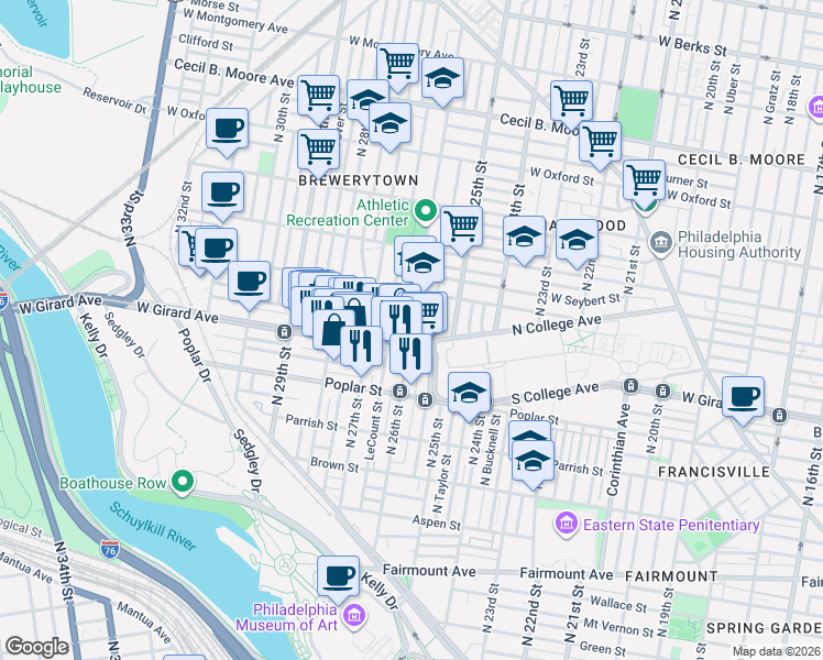 map of restaurants, bars, coffee shops, grocery stores, and more near 1239 North 26th Street in Philadelphia