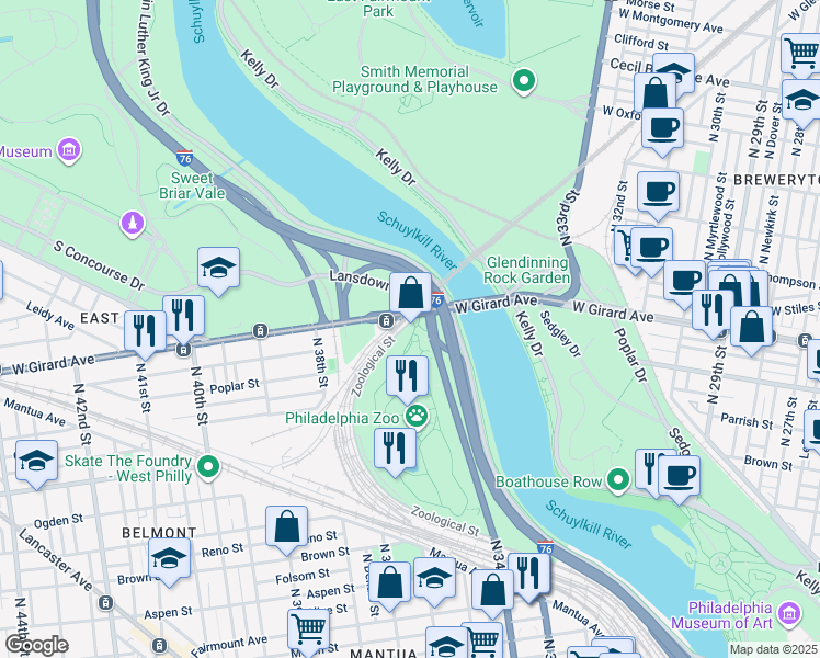 map of restaurants, bars, coffee shops, grocery stores, and more near 3400 West Girard Avenue in Philadelphia