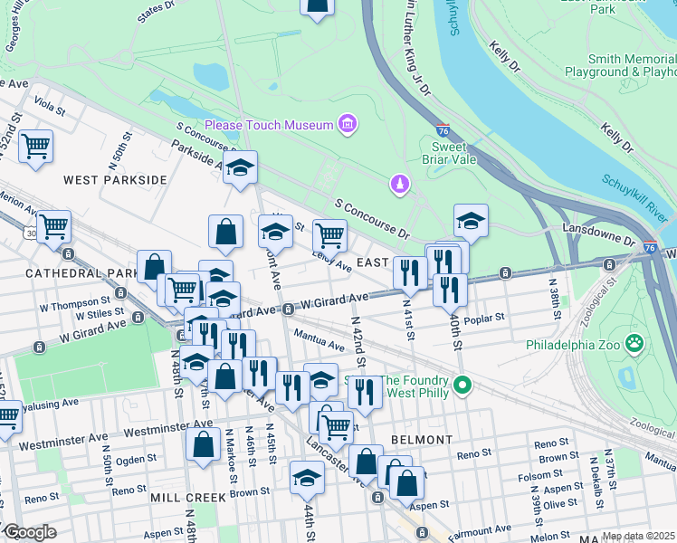 map of restaurants, bars, coffee shops, grocery stores, and more near 4166 Leidy Avenue in Philadelphia