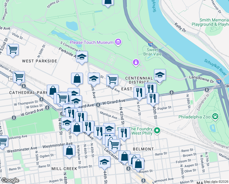 map of restaurants, bars, coffee shops, grocery stores, and more near 4178 Leidy Avenue in Philadelphia
