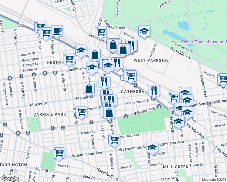map of restaurants, bars, coffee shops, grocery stores, and more near 5120 Harlan Street in Philadelphia