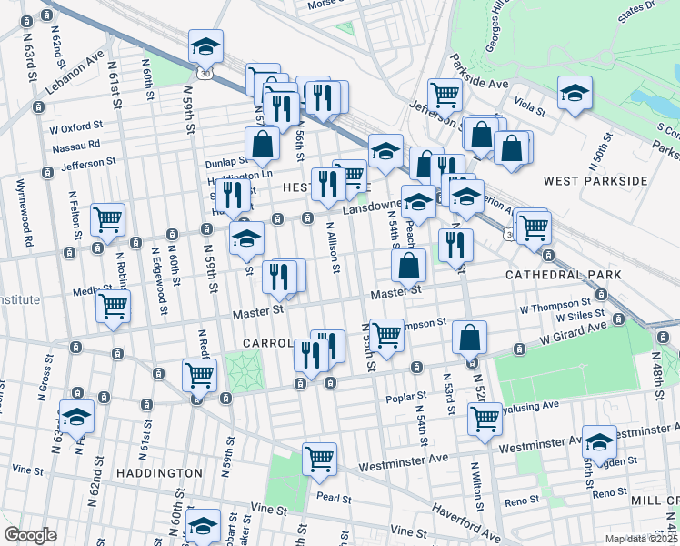 map of restaurants, bars, coffee shops, grocery stores, and more near 1441 North Allison Street in Philadelphia