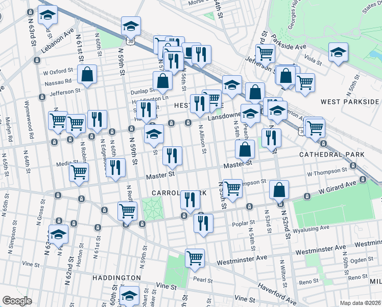 map of restaurants, bars, coffee shops, grocery stores, and more near 5612 Media Street in Philadelphia
