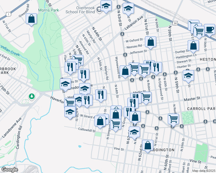 map of restaurants, bars, coffee shops, grocery stores, and more near 6437 Lansdowne Avenue in Philadelphia