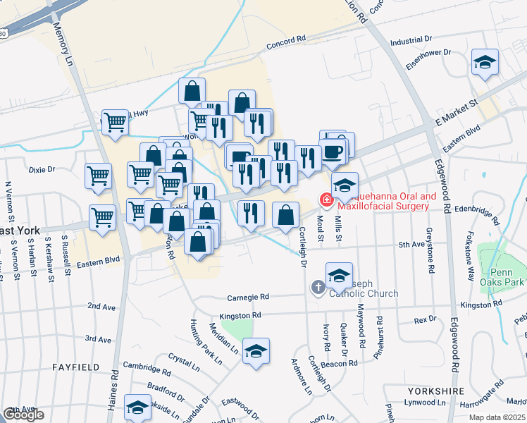map of restaurants, bars, coffee shops, grocery stores, and more near 2812 E Market St in York