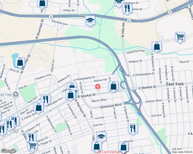 map of restaurants, bars, coffee shops, grocery stores, and more near 1495 East Philadelphia Street in York