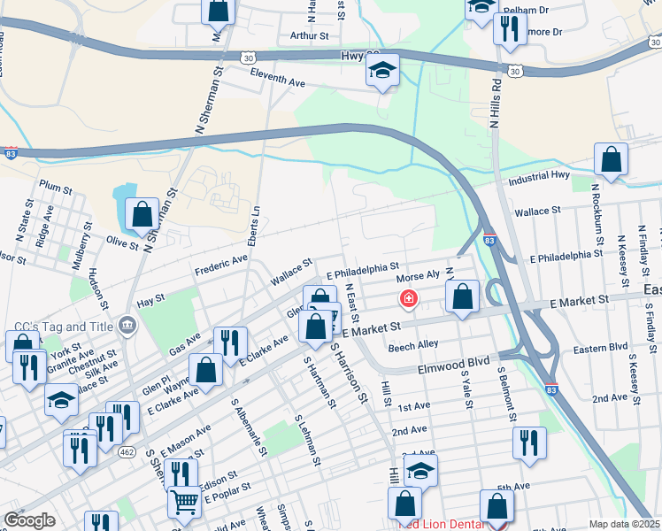 map of restaurants, bars, coffee shops, grocery stores, and more near 214 North East Street in York