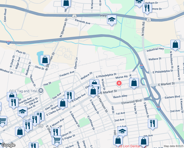 map of restaurants, bars, coffee shops, grocery stores, and more near 120 North Harrison Street in York