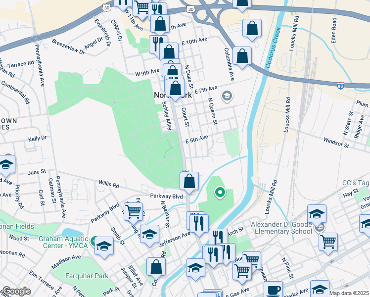 map of restaurants, bars, coffee shops, grocery stores, and more near in York County