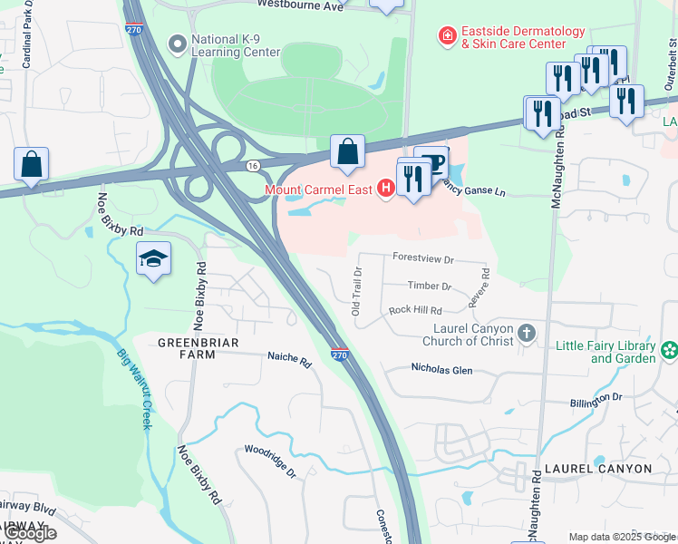 map of restaurants, bars, coffee shops, grocery stores, and more near 197 Old Trail Drive in Columbus