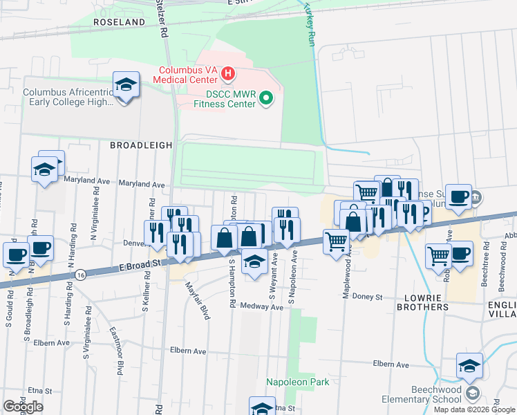 map of restaurants, bars, coffee shops, grocery stores, and more near 110 North Waverly Street in Columbus