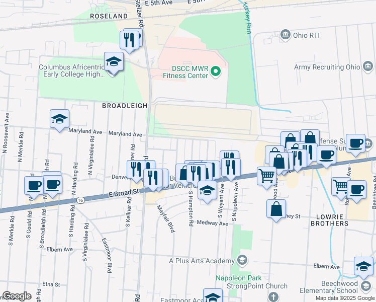 map of restaurants, bars, coffee shops, grocery stores, and more near 115 North Hampton Road in Columbus