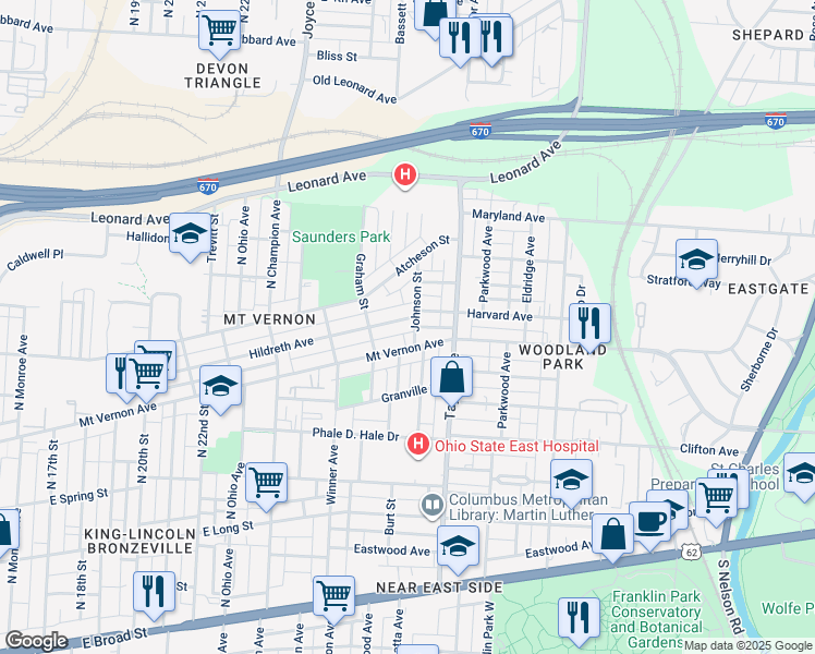 map of restaurants, bars, coffee shops, grocery stores, and more near 1462 Hildreth Avenue in Columbus
