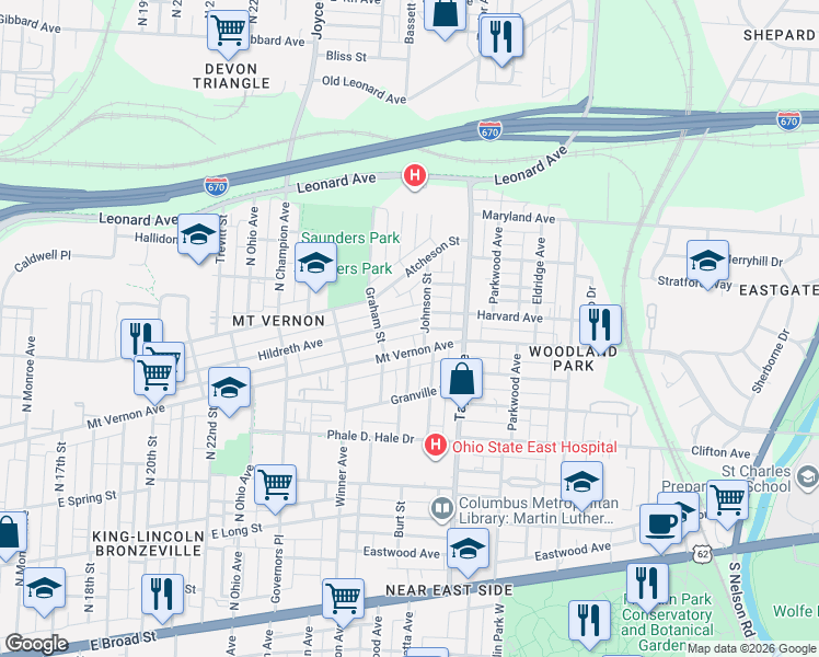 map of restaurants, bars, coffee shops, grocery stores, and more near 1462 Hildreth Avenue in Columbus