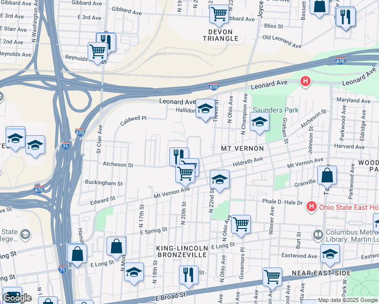 map of restaurants, bars, coffee shops, grocery stores, and more near 447 Ellison Street in Columbus