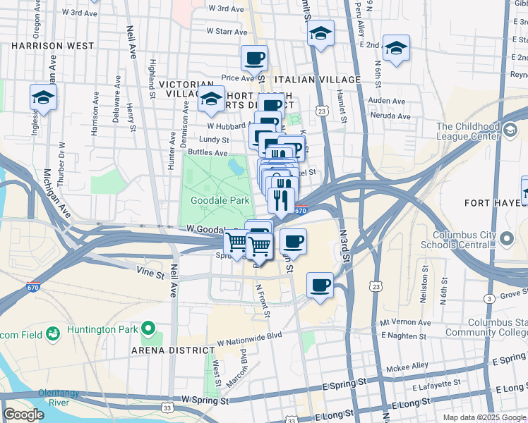 map of restaurants, bars, coffee shops, grocery stores, and more near 625 North High Street in Columbus