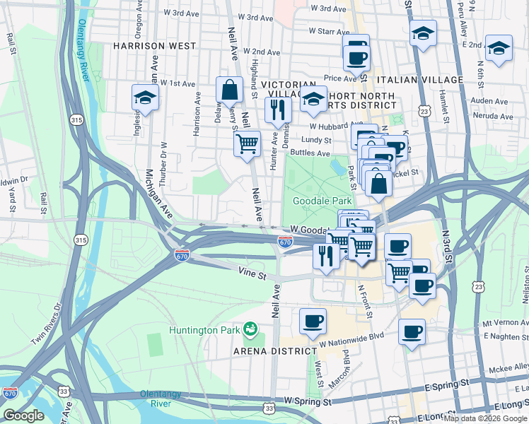 map of restaurants, bars, coffee shops, grocery stores, and more near 249 West Poplar Avenue in Columbus