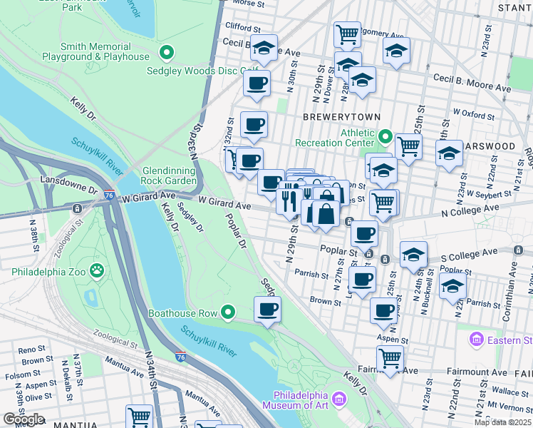 map of restaurants, bars, coffee shops, grocery stores, and more near 3002 West Girard Avenue in Philadelphia
