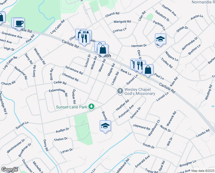 map of restaurants, bars, coffee shops, grocery stores, and more near 2080 Sycamore Road in York