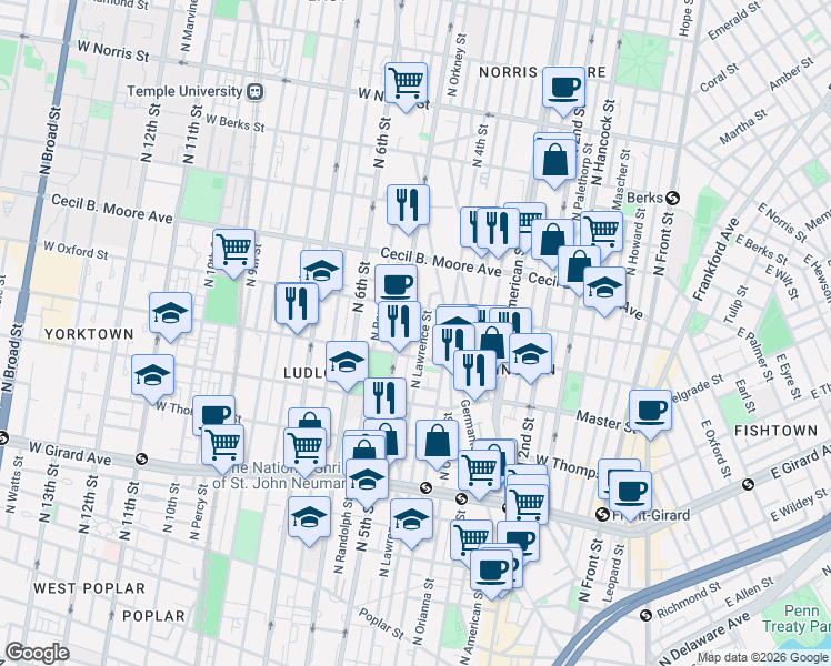 map of restaurants, bars, coffee shops, grocery stores, and more near 1555 North 5th Street in Philadelphia