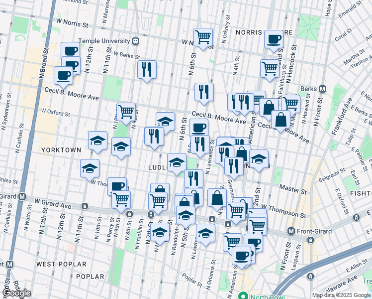 map of restaurants, bars, coffee shops, grocery stores, and more near 1500 North Randolph Street in Philadelphia