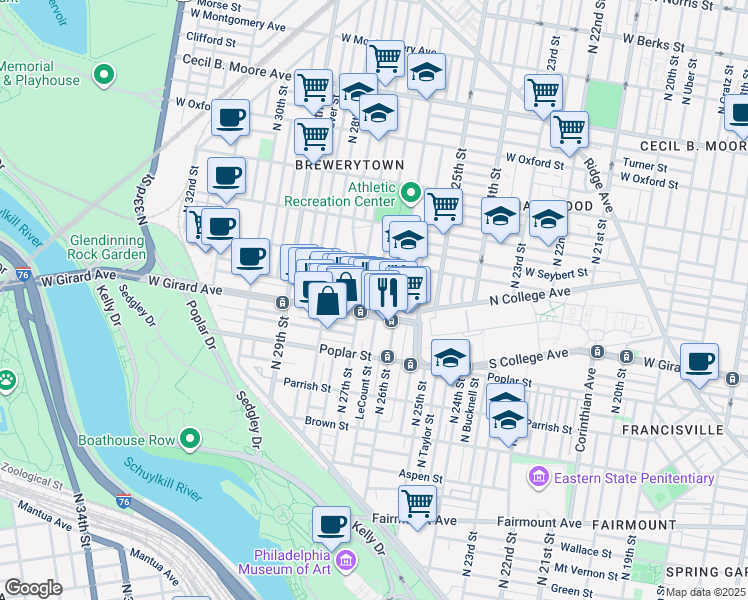 map of restaurants, bars, coffee shops, grocery stores, and more near 1220 North Taney Street in Philadelphia