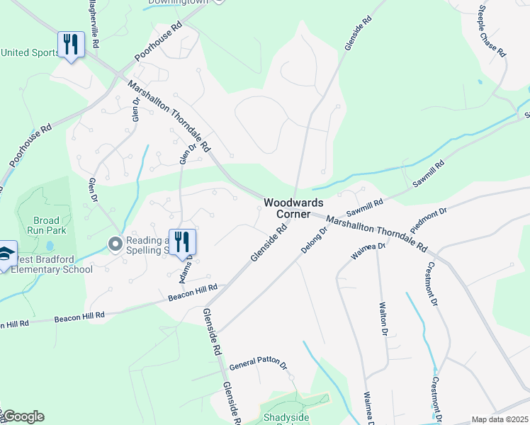 map of restaurants, bars, coffee shops, grocery stores, and more near 1308 Valley Wood Road in Chester County