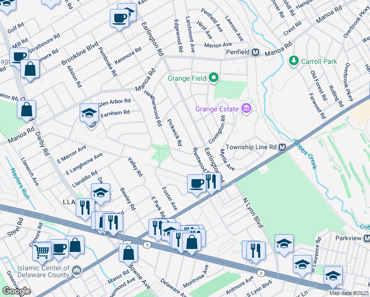 map of restaurants, bars, coffee shops, grocery stores, and more near 406 Covington Road in Havertown