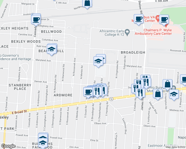 map of restaurants, bars, coffee shops, grocery stores, and more near 161 North Broadleigh Road in Columbus