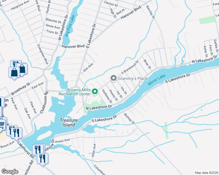 map of restaurants, bars, coffee shops, grocery stores, and more near 79 Ivy Street in Browns Mills