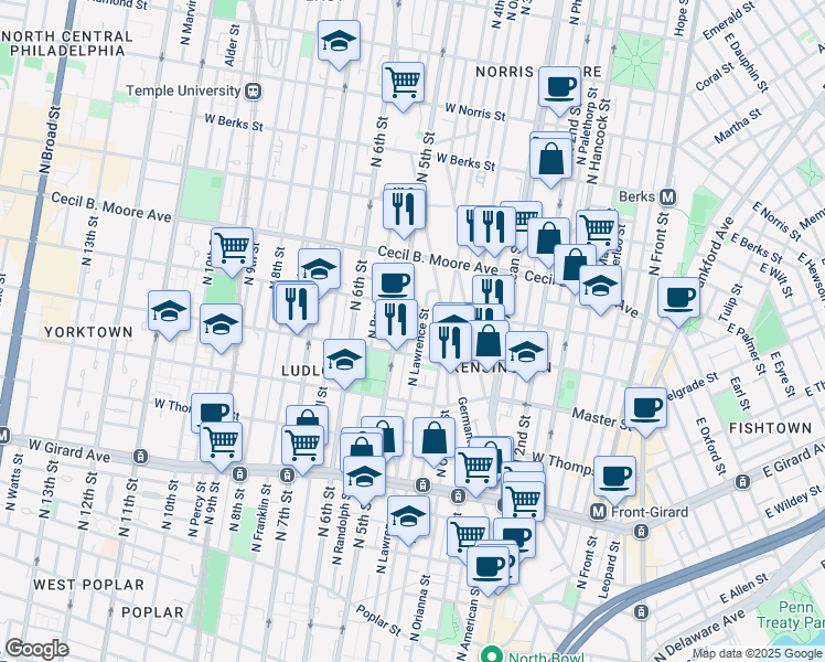 map of restaurants, bars, coffee shops, grocery stores, and more near 1529 North Orkney Street in Philadelphia