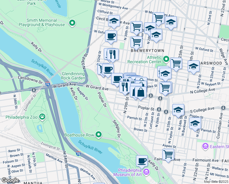 map of restaurants, bars, coffee shops, grocery stores, and more near 3006 West Girard Avenue in Philadelphia