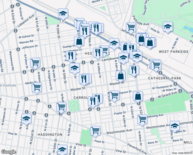 map of restaurants, bars, coffee shops, grocery stores, and more near 1447 North 56th Street in Philadelphia