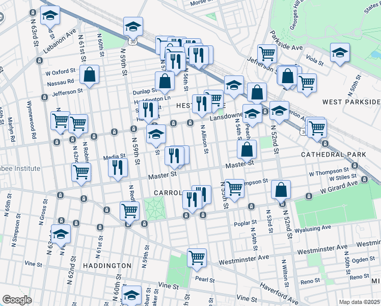 map of restaurants, bars, coffee shops, grocery stores, and more near 1453 North Ithan Street in Philadelphia